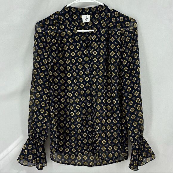 Cabi Sheer Navy Gold Geometric Print Button Front Long Sleeve Blouse XS - Picture 3 of 11